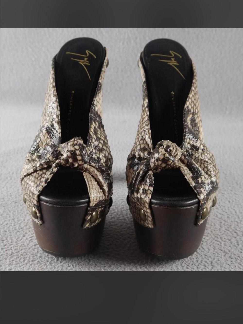 Giuseppe Zanotti Snake-Print Knot Mules in Beige and Black